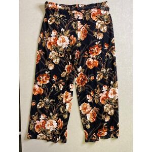 White House Black Market Wide Leg Floral Print Pants XL Black Orange Tie Waist